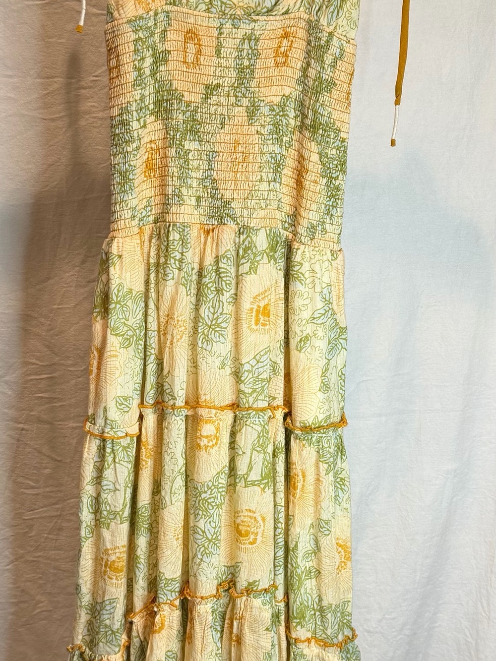 Free People Adriel Tie Strap Smocked Tiered Midi Dress  Ivory Floral Combo Small